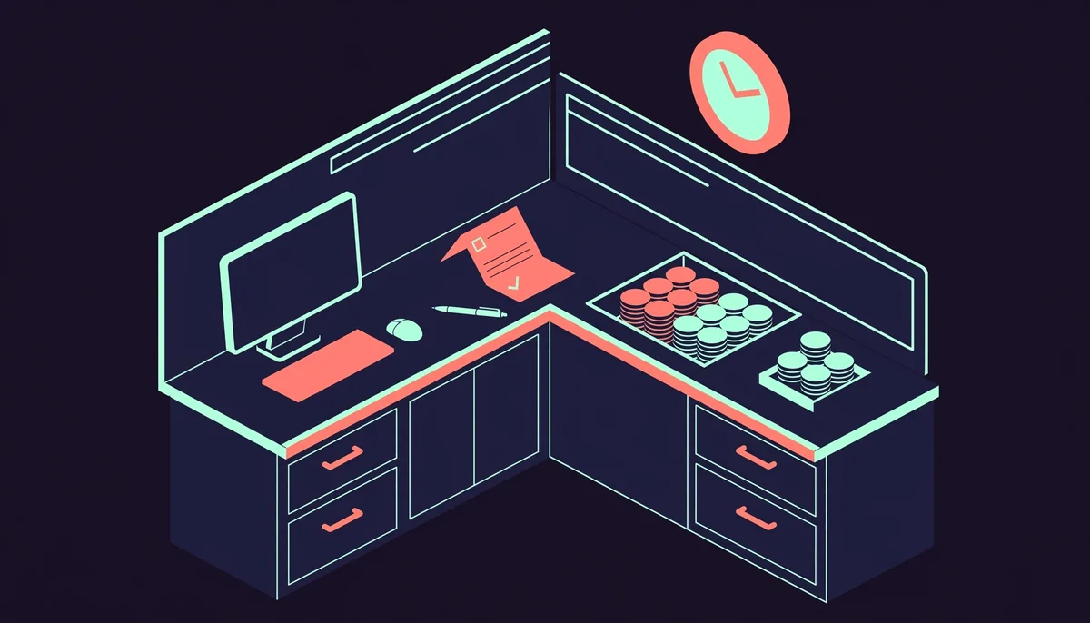 Isometric casino cashier desk with computer and clock